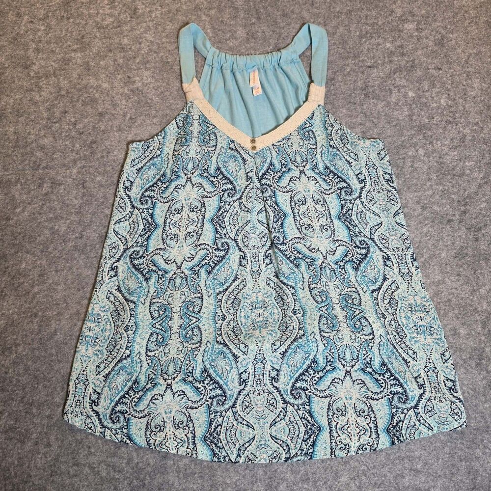 Xhilaration Women’s Medium Blue Paisley Boho Tank Top Crochet Trim